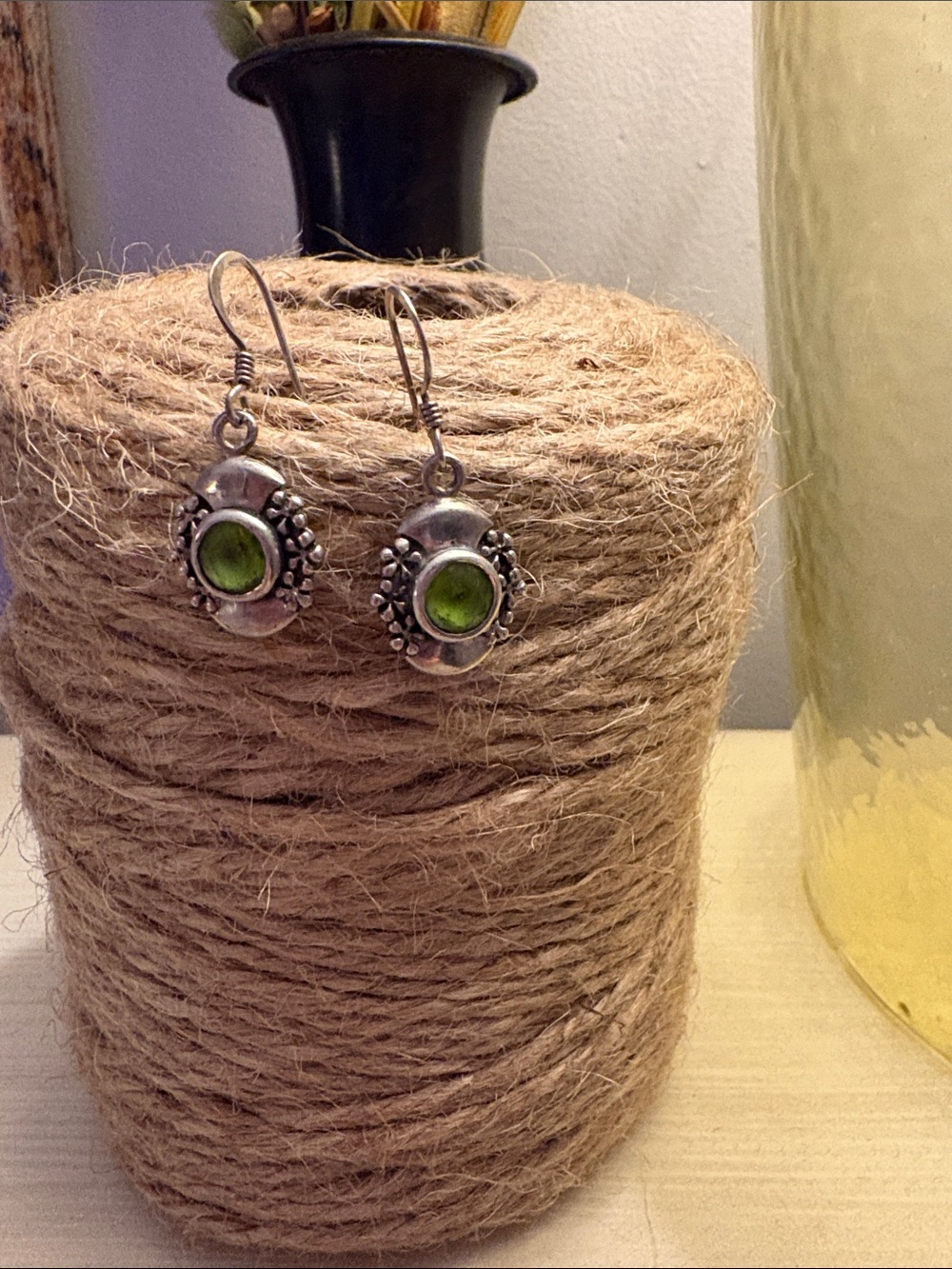 Green Glass and Silver Floral Drop Earrings - Unbranded